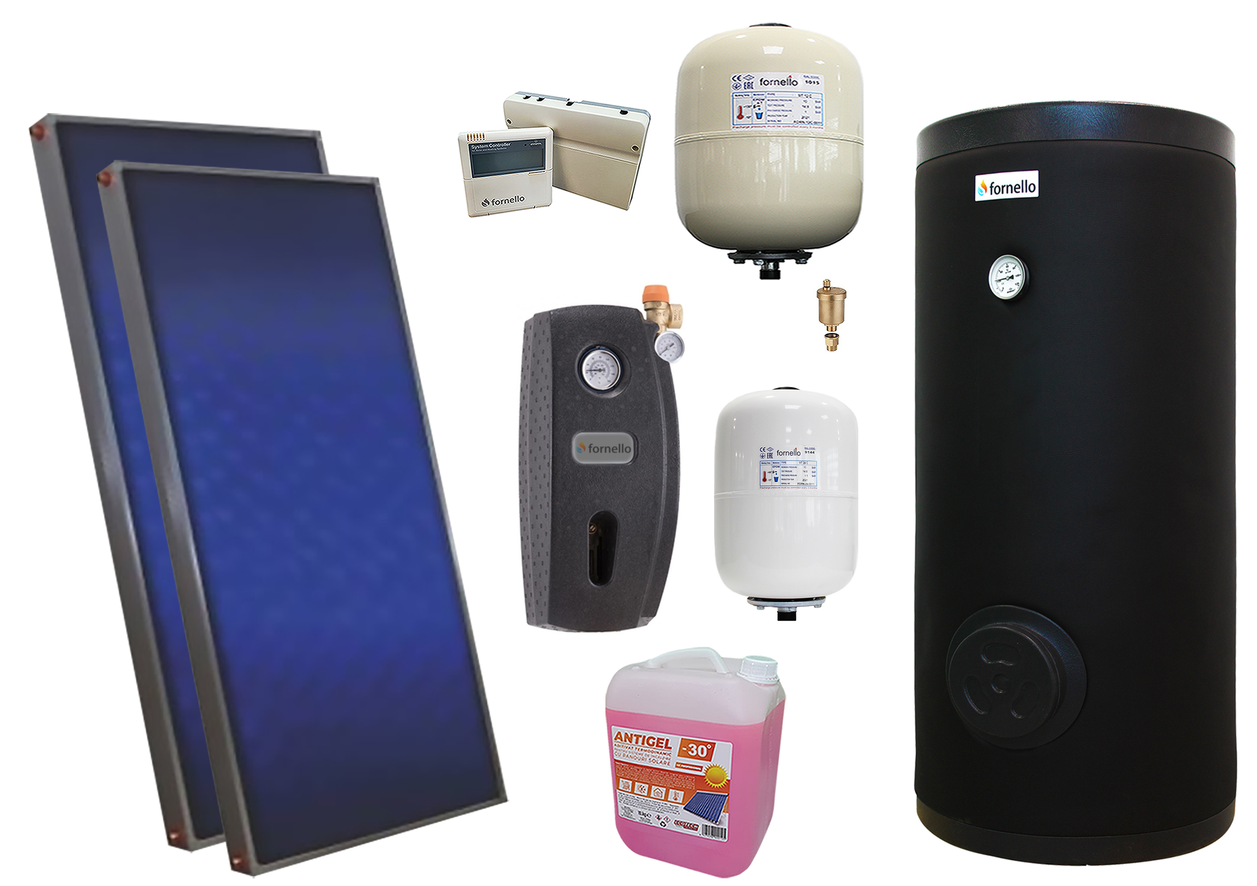 Pachet solar premium, presurizat, 2x panou plan Sunsystem PК SL FP 2.4, Boiler cu 2 serpentine Fornello SOL 200 LT 2S, controller, vas expansiune solar, vas expansiune sanitar, grup pompare Fornello (pompa OHI), aerisitor 1/2, antigel