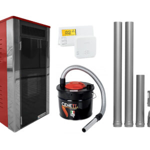 Pachet Termoșemineu Fornello Primo Truva 25 kW Bordeaux, pompa de circulatie, vas de expansiune, supape de siguranta, curatare mecanica creuzet, kit evacuare 2.5 ml, Termostat Salus 091FLRFV2 si Aspirator Cenusa
