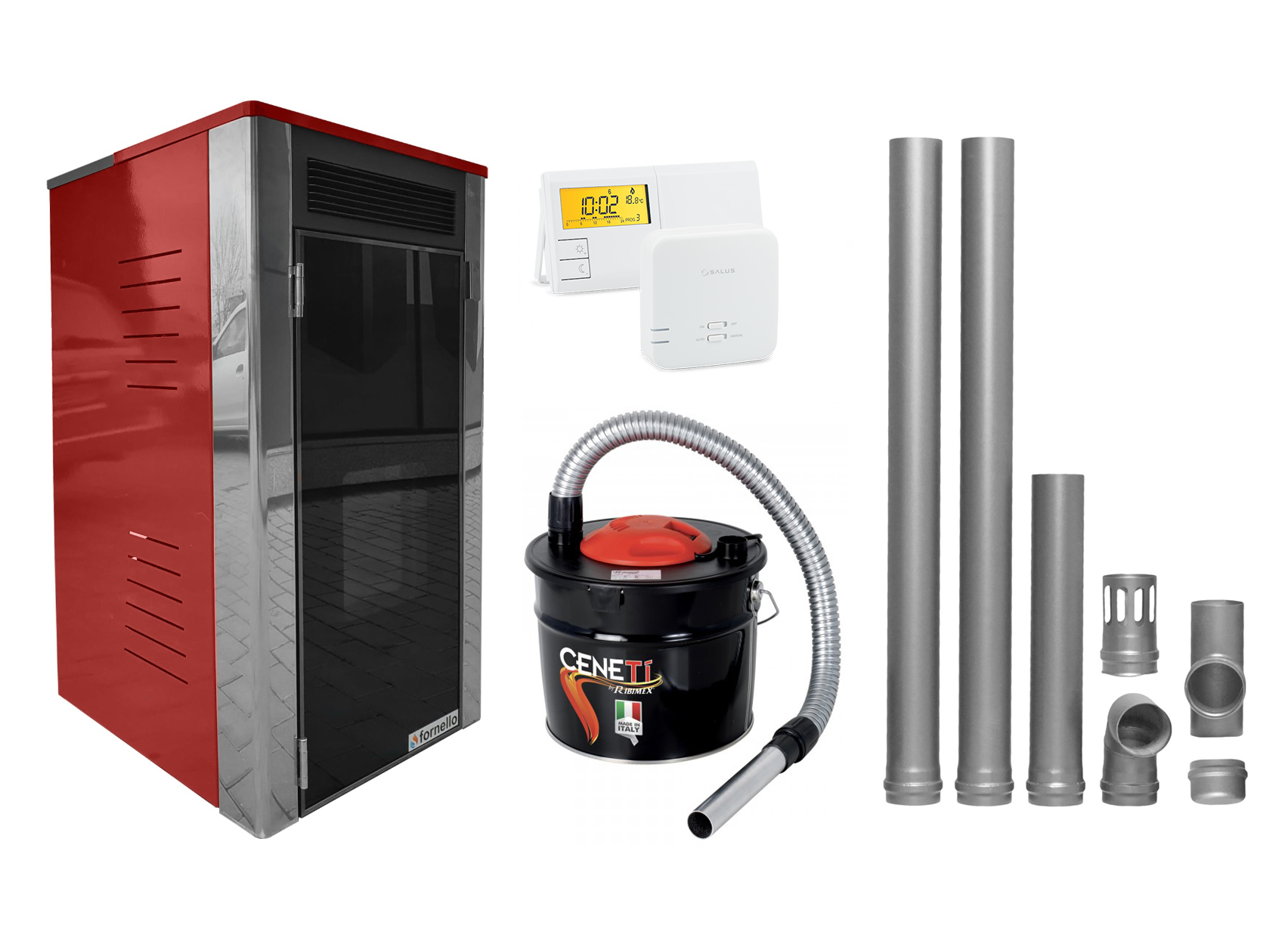 Pachet Termoșemineu Fornello Primo Truva 25 kW Bordeaux, pompa de circulatie, vas de expansiune, supape de siguranta, curatare mecanica creuzet, kit evacuare 2.5 ml, Termostat Salus 091FLRFV2 si Aspirator Cenusa