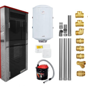 Pachet Termoșemineu Fornello Primo Truva 25 kW Bordeaux, pompa de circulatie, vas de expansiune, supape de siguranta, curatare mecanica creuzet, Boiler 100 l, kit evacuare 3.5 ml, Termostat Termostat Salus 091FLRFV2, Aspirator Cenusa si fitinguri