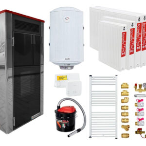 Pachet Termoșemineu Fornello Primo Truva 25 kW Bordeaux, pompa de circulatie, vas de expansiune, supape de siguranta, curatare mecanica creuzet, Calorifere, Boiler 100 l, kit evacuare 3.5 ml, Termostat Radio Comanda Salus 091FLRFV2, Aspirator Cenusa