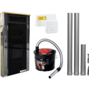 Pachet Termoșemineu Fornello Primo Truva 25 kW Ivory, pompa de circulatie, vas de expansiune, supape de siguranta, curatare mecanica creuzet, kit evacuare 2.5 ml, Termostat Salus 091FLRFV2 si Aspirator Cenusa