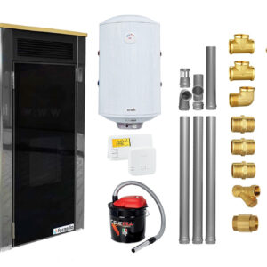 Pachet Termoșemineu Fornello Primo Truva 25 kW Ivory, pompa de circulatie, vas de expansiune, supape de siguranta, curatare mecanica creuzet, Boiler 100 l, kit evacuare 3.5 ml, Termostat Salus 091FLRFV2, Aspirator Cenusa si fitinguri