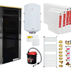 Pachet Termoșemineu Fornello Primo Truva 25 kW Ivory, pompa de circulatie, vas de expansiune, supape de siguranta, curatare mecanica creuzet, Calorifere, Boiler 100 l, kit evacuare 3.5 ml, Termostat Salus 091FLRFV2, Aspirator Cenusa si fitinguri