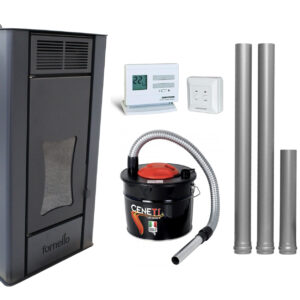 Pachet Termosemineu centrala pe peleti Fornello Premium W22, 25 kw, culoare Black, complet echipat cu kit evacuare 2.5 ml, Termostat Radio Comanda Computherm Q3 RF, Aspirator Cenusa, suprafata incalzita pana la 150 mp