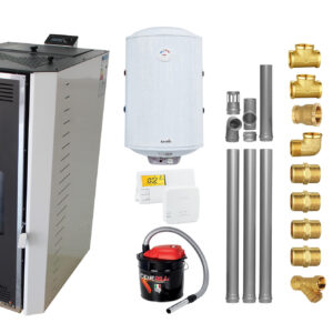 Pachet Termosemineu pe peleti Fornello Camino Rossi 25 kW, pompa Grundfos, vas expansiune, arzator inox, alb, A+,Kit evacuare 3.5 ml, Boiler Termoelectric Fornello 100 l, Termostat Salus 091FLRFV2, Aspirator, si Kit montaj