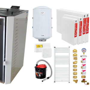 Pachet Termosemineu pe peleti Fornello Camino Rossi 25 kW, pompa Grundfos, vas expansiune, arzator inox, alb, A+,Kit evacuare 3.5 ml, Boiler Termoelectric Fornello 100 l, Termostat Salus 091FLRFV2, Aspirator, Radiatoare (calorifere) si Kit montaj