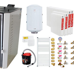 Pachet Termosemineu pe peleti Fornello Camino Rossi 35 kW, pompa Grundfos, vas expansiune, arzator inox, Boiler Fornello Termoelectric 100 l, termostat, aspirator cenusa, cos inox 4 ml, calorifere si fitinguri montaj