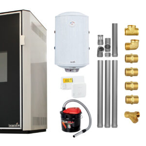 Pachet Termosemineu pe peleti Fornello Lidya 25 kW, pompa Grundfos, vas expansiune, arzator inox, curatare mecanica arzator si drumuri de fum, A+, Kit evacuare 3.5 ml, Boiler Fornello 100 l, Termostat Salus 091FLRFV2, Aspirator si Kit montaj