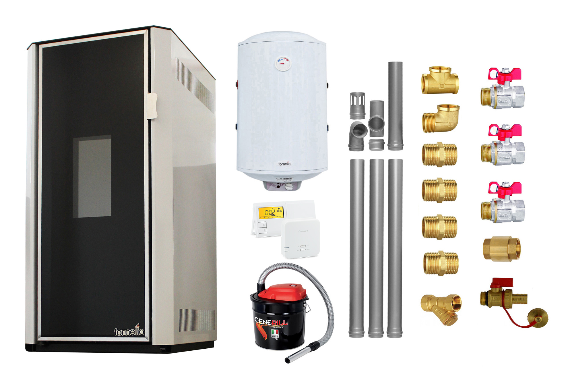 Pachet Termosemineu pe peleti Fornello Lidya 25 kW, pompa Grundfos, vas expansiune, arzator inox, curatare mecanica arzator si drumuri de fum, A+, Kit evacuare 3.5 ml, Boiler Fornello 100 l, Termostat Salus 091FLRFV2, Aspirator si Kit montaj