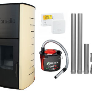 Pachet Termosemineu pe peleti Fornello Michelle 12 kW, complet echipat cu pompa, vas expansiune, automatizare, culoare ivory, kit evacuare 2.5 ml, Termostat Salus 091FLRFV2 si Aspirator Cenusa