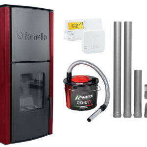 Pachet Termosemineu pe peleti Fornello Royal Bordeaux 18 kW, complet echipat cu pompa, vas expansiune, automatizare, culoare grena, kit evacuare 2.5 ml, Termostat Radio Comanda Salus 091FLRFV2 si Aspirator Cenusa