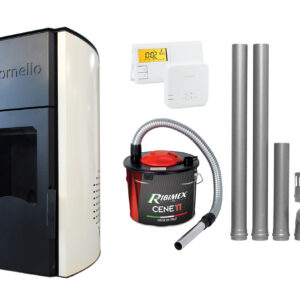 Pachet Termosemineu pe peleti Fornello Royal Ivory 25 kW, complet echipat cu pompa, vas expansiune, automatizare, culoare crem, kit evacuare 2.5 ml, Termostat Radio Comanda Salus 091FLRFV2 si Aspirator Cenusa