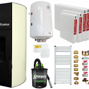 Pachet Termosemineu peleti Fiama Avorio 25 kw, complet echipat, pompa circulatie, vas expansiune, automatizare, kit evacuare 3.5 ml, Boiler Termoelectric Fornello 100 l, Termostat Salus 091FLRFV2, Aspirator, Calorifere si kit montaj