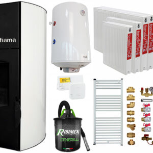 Pachet Termosemineu peleti Fiama Bianco 25 kw, complet echipat, pompa circulatie, vas expansiune, automatizare, kit evacuare 3.5 ml, Boiler Termoelectric Fornello 100 l, Termostat Salus 091FLRFV2, Aspirator, Calorifere si kit montaj