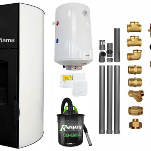 Pachet Termosemineu peleti Fiama Bianco 25 kw, complet echipat pentru incalzire, pompa circulatie, vas expansiune, automatizare, kit evacuare 3.5 ml, Boiler Termoelectric Fornello 100 l, Termostat Salus 091FLRFV2, Aspirator si kit montaj