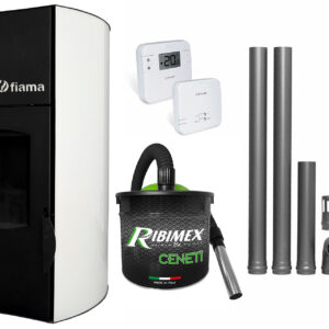 Pachet Termosemineu peleti Fiama Bianco 25 kw, complet echipat pentru incalzire, pompa circulatie, vas expansiune, automatizare, kit evacuare 2.5 ml, Termostat Radio Comanda Salus RT 305 RF, Aspirator Cenusa