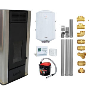 Pachet Termosemineu peleti Fornello Premium W22, 25 kw, culoare Bordeaux, complet echipat, pompa circulatie, vas expansiune, automatizare, kit evacuare 3.5 ml, Boiler Termoelectric Fornello 100 l, Termostat Radio Comanda Computherm Q3 RF, Aspirator C
