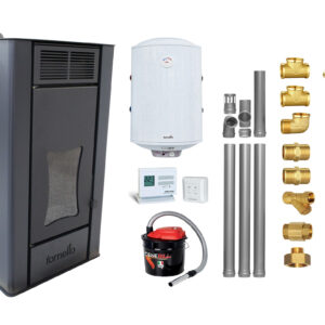 Pachet Termosemineu peleti Fornello Premium W22, 25 kw, culoare Black, complet echipat, pompa circulatie, vas expansiune, automatizare, kit evacuare 3.5 ml, Boiler Termoelectric Fornello 100 l, Termostat Computherm Q3 RF, Aspirator Cenusa si kit mont