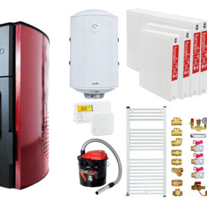 Pachet Termosemineu peleti Fornello Royal Bordeaux 25 kw, complet echipat, pompa circulatie, vas expansiune, automatizare, kit evacuare 3.5 ml, Boiler Termoelectric Fornello 100 l, Termostat Radio Comanda Salus 091FLRFV2, Aspirator, Calorifere si kit