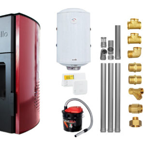 Pachet Termosemineu peleti Fornello Royal Bordeaux 25 kw, complet echipat pentru incalzire, pompa circulatie, vas expansiune, automatizare, kit evacuare 3.5 ml, Boiler Termoelectric Fornello 100 l, Termostat Radio Comanda Salus 091FLRFV2, Aspirator s