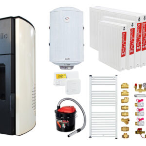Pachet Termosemineu peleti Fornello Royal Ivory 25 kw, complet echipat, pompa circulatie, teava hidronix, vas expansiune, automatizare, kit evacuare 3.5 ml, Boiler Termoelectric Fornello 100 l, Termostat Salus 091FLRFV2, Aspirator, Calorifere si kit