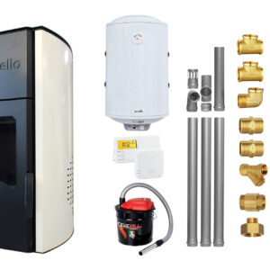 Pachet Termosemineu peleti Fornello Royal Ivory 25 kw, complet echipat pentru incalzire, pompa circulatie, vas expansiune, automatizare, kit evacuare 3.5 ml, Boiler Termoelectric Fornello 100 l, Termostat Salus 091FLRFV2, Aspirator si kit montaj