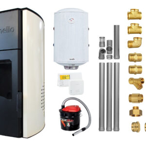 Pachet Termosemineu peleti Fornello Royal Ivory 30 kw, complet echipat pentru incalzire, pompa circulatie, vas expansiune, automatizare, kit evacuare 3.5 ml, Boiler Termoelectric Fornello 100 l, Termostat Salus 091FLRFV2, Aspirator si kit montaj