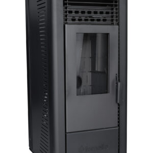 Semineu pe peleti cu aer cald, Fornello Sophia Premium 11 kw, aprindere electrica, tiraj fortat, telecomanda, culoare Black, recomandat pentru 110 mp, focar din fonta , dimensiuni compacte 45x45x97 cm, capacitate buncar 22 kg, consum 0.8 kh/h
