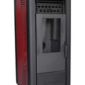 Semineu pe peleti cu aer cald Fornello Sophia Premium 11 kw, aprindere electrica, tiraj fortat, telecomanda, culoare Bordeaux, recomandat pentru 110 mp, focar din fonta , dimensiuni compacte 45x45x97 cm, capacitate buncar 22 kg, consum 0.8 kh/h