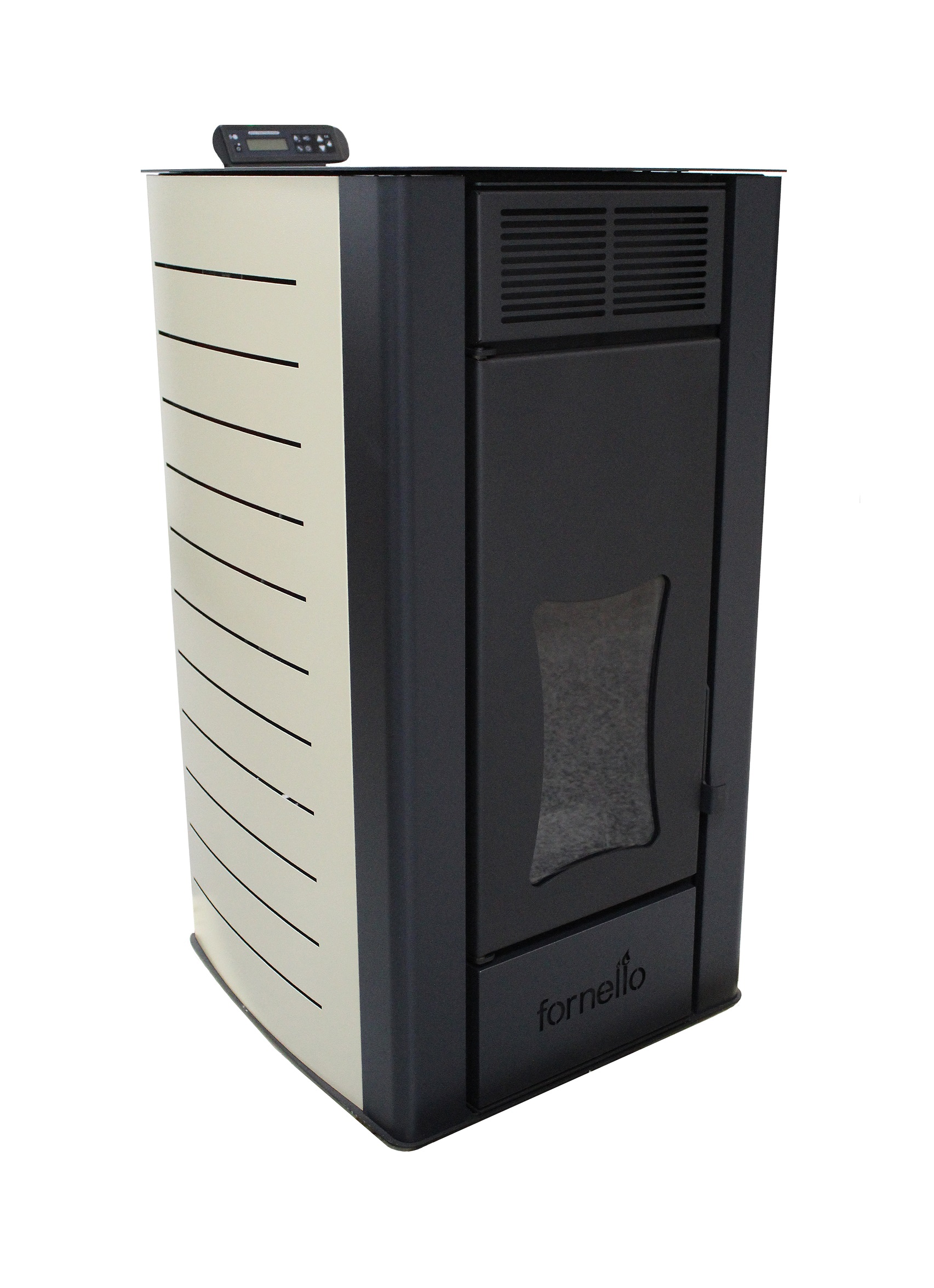 Termosemineu centrala pe peleti Fornello Premium W22, 25 kw, complet echipat cu pompa de circulatie, vas de expansiune, supapa siguranta, telecomanda, culoare Ivory, arzator peleti din fonta, pentru suprafete pana la 150 mp