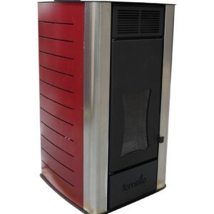 Termosemineu centrala pe peleti Fornello Premium W22, 25 kw, complet echipat cu pompa de circulatie, vas de expansiune, supapa siguranta, telecomanda, culoare Bordeaux, arzator peleti din fonta, pentru suprafete pana la 150 mp
