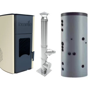 Termosemineu peleti Fornello Royal 25 kw, cos de fum inox izolat dn 120 6 metri si puffer 500 litri