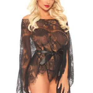 Halat transparent dantela, Leg Avenue, model 86104, negru, mărime universală
