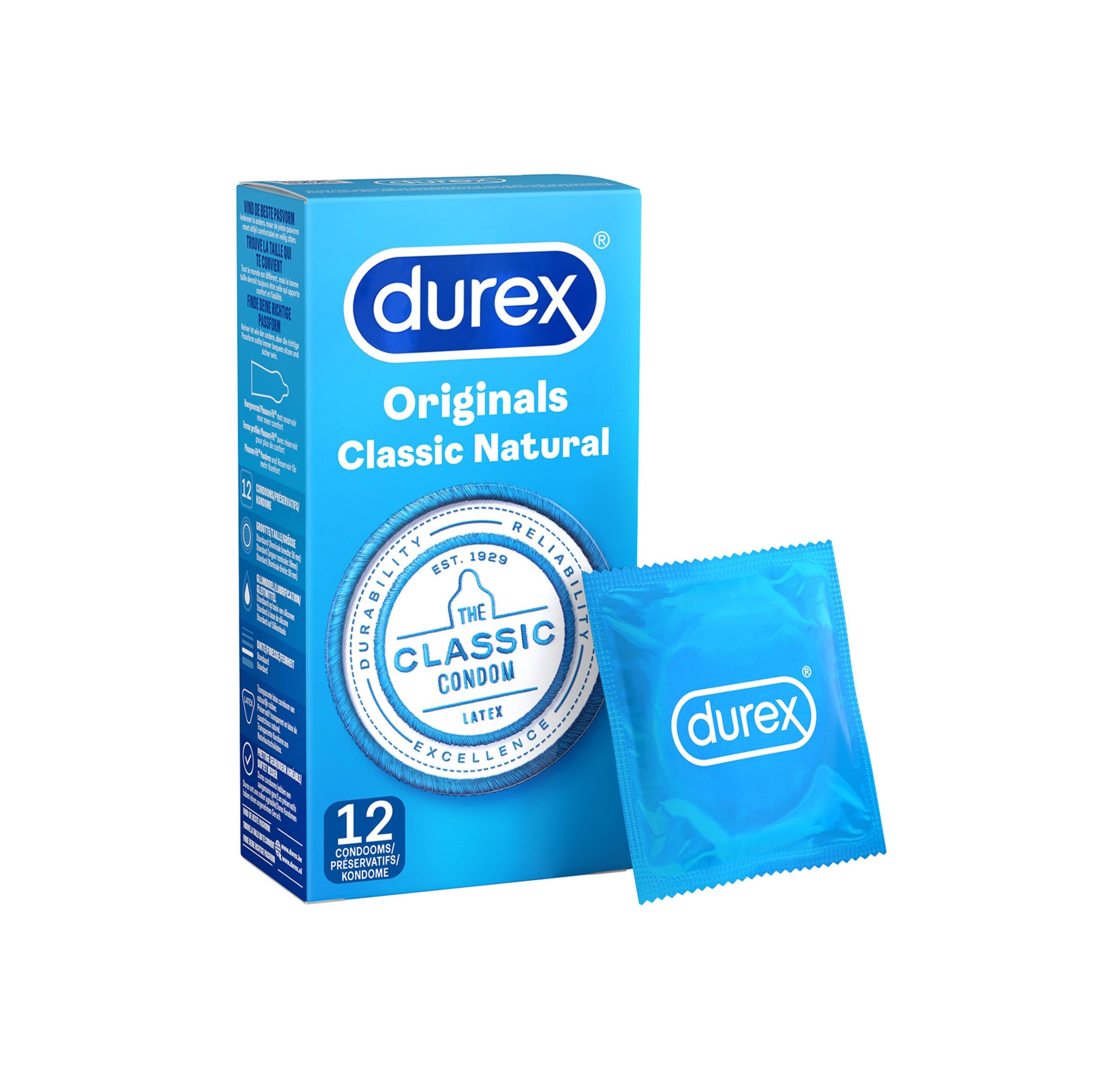 Prezervative clasice Durex Originals Classic Natural, lubrifiate si rezistente, 56mm, 1 cutie x 12 buc